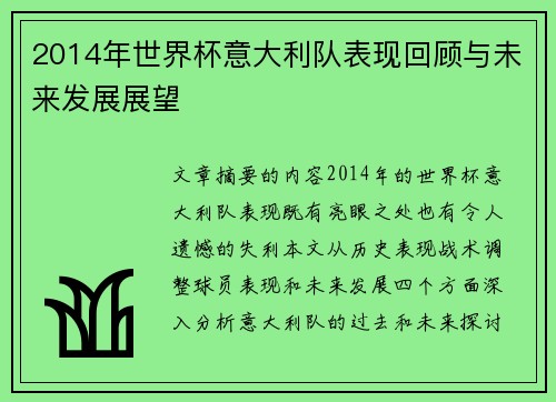 2014年世界杯意大利队表现回顾与未来发展展望